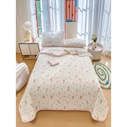 JC HOME White & Pink Floral Printed Pure Cotton Double Queen Bed Cover With Pillow Covers-picture-35
