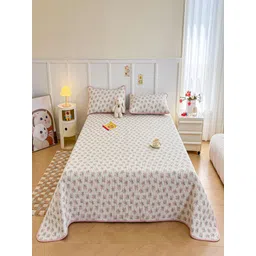 JC HOME White & Pink Floral Printed Pure Cotton Single Bed Cover With 2 Pillow Covers-picture-25