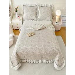 JC HOME White & Pink Floral Printed Single Bed Cover With Pillow Covers-picture-29