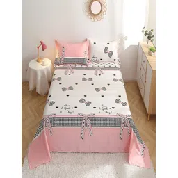 JC HOME White & Pink Geometric Cotton 210 TC King Bedsheet With 2 Pillow Covers-image-38