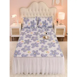 JC HOME White & Purple Floral Fitted 160 TC King Bedsheet with 2 Pillow Covers-picture-39