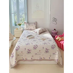 JC HOME White & Purple Floral Printed 162 TC Double Queen Bed Cover With Pillow Covers-picture-38