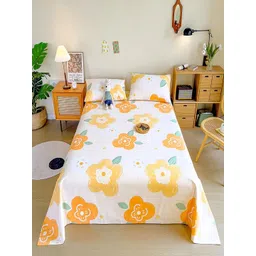 JC HOME White & Yellow Floral 140 TC King Bedsheet with 2 Pillow Covers-picture-34