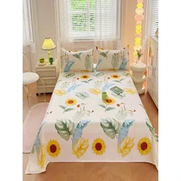JC HOME White & Yellow Floral Printed 150 TC King Bedsheet With 2 Pillow Covers-picture-30