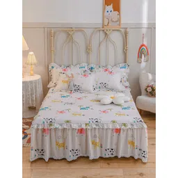 JC HOME White  Blue Printed Double King Bed Cover With Pillow Covers-image-27