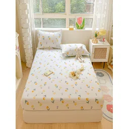JC HOME White Floral 220 TC Cotton Fitted King Bedsheet with 2 Pillow Covers-picture-11