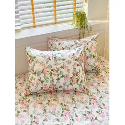 JC HOME White Floral Printed 210 TC Cotton Fitted Single Bedsheet & 2 Pillow Covers image 5