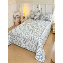 JC HOME White Floral Printed 240 TC Pure Cotton Queen Bed Cover With 2 Pillow Covers-picture-15