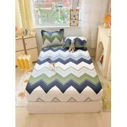 JC HOME White Geometric 220 TC Cotton Fitted King Bedsheet with 2 Pillow Covers-picture-10