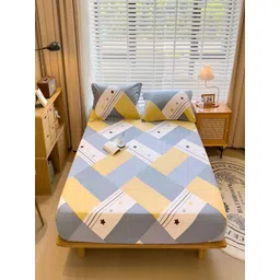 JC HOME White Geometric 230 TC Fitted Cotton Queen Bedsheet with 2 Pillow Covers-picture-31