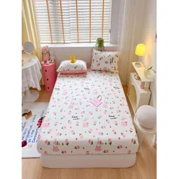 JC HOME White Graphic Cotton 210 TC Fitted Single Bedsheet With 1 Pillow Cover-picture-16