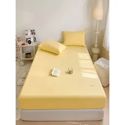 JC HOME Yellow 140 TC Fitted Double Queen Bedsheet Set-1.50 m x 2 m-image-1
