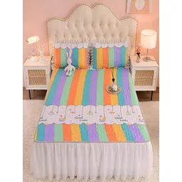 JC HOME Yellow & Orange Striped Fitted 160 TC Queen Bedsheet with 2 Pillow Covers-picture-35