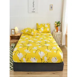 JC HOME Yellow & White Floral 140 TC King Fitted Bedsheet Set 2.00 m x 1.80 m-image-13