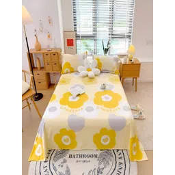 JC HOME Yellow & White Floral 210 TC Cotton King Bedsheet with 2 Pillow Covers-picture-10