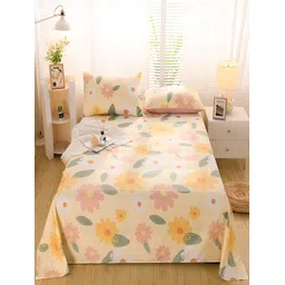 JC HOME Yellow & White Floral Cotton 220 TC King Bedsheet With 2 Pillow Covers-picture-17