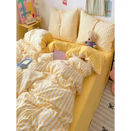 JC HOME Yellow & White Striped Polycotton 3 Piece Double King Regular Bedding Set-picture-10
