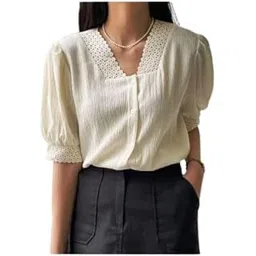 jc jummy couture Women's Vintage Style Blouse with Lace Trim, Puff Sleeves, Cream White-picture-19