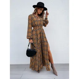 JC Mode Checked Puff Sleeves Fit & Flare Maxi Dress-picture-20