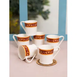 JCPL White & Orange 6 Pieces Floral Printed Ceramic Glossy Cups 200 ml Each-picture-13