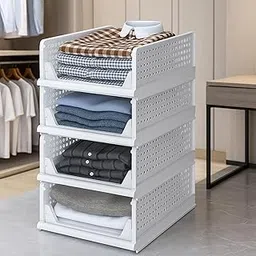 JD FRESH 4 Pieces Stackable Wardrobe Organizer for Storage/Foldable Cupboard Organiser for Clothes/Polypropylene Multipurpose Space Organiser Rack/Adjustable Sliding Drawer (White)-image-14