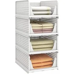 JD FRESH Big Size 4 Pieces Wardrobe Organizer for Storage/Polypropylene Foldable & Stackable Closet Basket/Cupboard Organizer for Clothes/Space Saver for Kitchen(White), Clothing-image-1