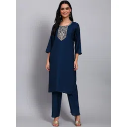 JDS LIFESTYLE Ethnic Motifs Embroidered Round Neck Sequinned Straight Kurta With Trouser-picture-36