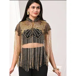 JEDCO Embroidered Self Design Mandarin Collar Short Sleeves Waterfall Shrug-picture-37