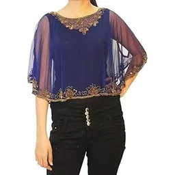 jedco Women's Net Poncho Cape with Embroidery, Round Neck, Sleeveless, Black-picture-53