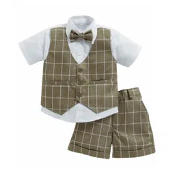 Jeet Ethnics Half Sleeves Shirt With Attached Checked Waistcoat & Shorts Set With Bow - Khaki-picture-19