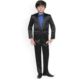 Jeetethnics Boys Black & Blue Solid Coat with Shirt & Trousers-picture-21