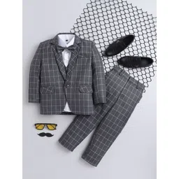 Jeetethnics Boys Grey & White Checked 4 Piece Single-Breasted Suit With Bow Tie-picture-18