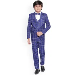 Jeetethnics Boys Navy Blue Checked Coat Suit Set with Waistcoat Shirt and Trousers-picture-48