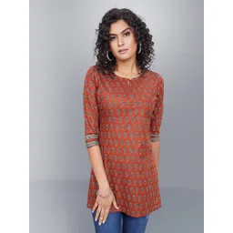 Jevi Prints Ethnic Motifs Printed Keyhole Neck Pure Cotton Kurti-picture-17
