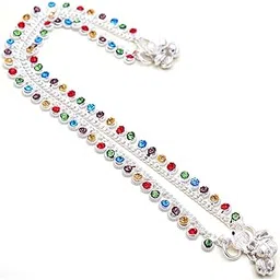 jewar mandi Anklet Silver Tone Chain with Red Multi-Colour and Purple Variants Crystal Accents Elegant Design Ad Cz Silver Plated Payal Jewelry For Women & Girls (Multi Stones)-picture-11