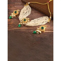 Jewar Mandi Gold-Plated Kundan Studded & Beaded Layered Jewellery Set-image-31