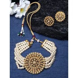 Jewar Mandi Gold-Plated White Pearls Studded & Beaded Jewellery Set-image-38