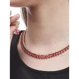 Jewar Mandi Gold-Toned & Pink CZ Stone-Studded Jewellery Set-image-26