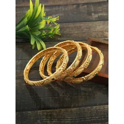 Jewar Mandi Set Of 2 Gold-Plated Red & Green CZ Studded Bangle-image-2