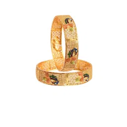 Jewar Mandi Set Of 2 Gold-Plated Red & Green Peacock Design Meeenkari Bangles-image-8