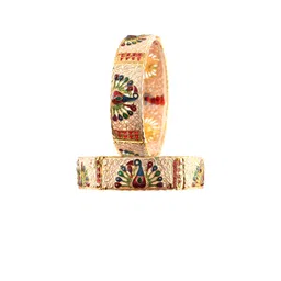Jewar Mandi Set Of 2 Gold-Plated Red & Green Peacock Design Meenakari Bangles-image-13