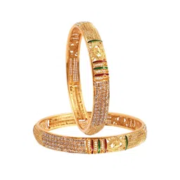 Jewar Mandi Set Of 2 Gold-Plated White AD & Cz Stone Studded Bangles-image-12