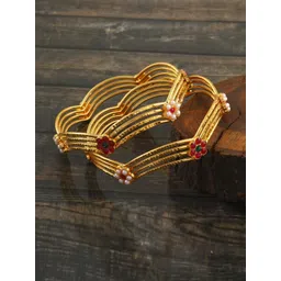 Jewar Mandi Set Of 2 Red & White Gold-Plated Stones & Beads Studded Bangle Set-image-7