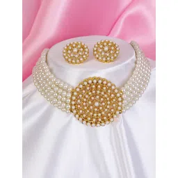 Jewar Mandi Women Gold-Plated Pearl-Beaded CZ-Studded Choker Jewellery Set-image-40