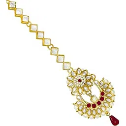 jewelopia Kundan Maang Tikka Traditional Pearl Dropping Forehead Jewellery Tikka For Women girls (Red)-picture-28