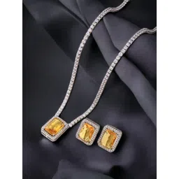 Jewels Galaxy American Diamond Studded Silver-Plated Rectangular Necklace With Earrings-picture-35