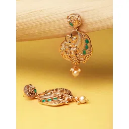 Jewels Galaxy Green Gold-Plated Stone-Studded & Beaded Textured Floral Drop Earrings-picture-20