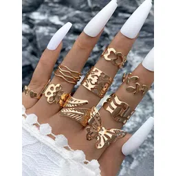 Jewels Galaxy Set Of 9 Gold Plated Adjustable Finger Ring-picture-32