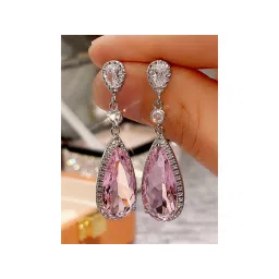 Jewels Galaxy Silver Plated American Diamond Studded Pink Ice Cut Drop Earrings-picture-11