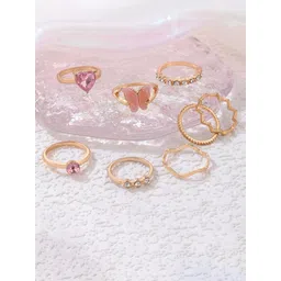 Jewels Galaxy Women Set Of 8 Gold-Plated Stone Studded Butterfly Stackable Finger Rings-picture-28